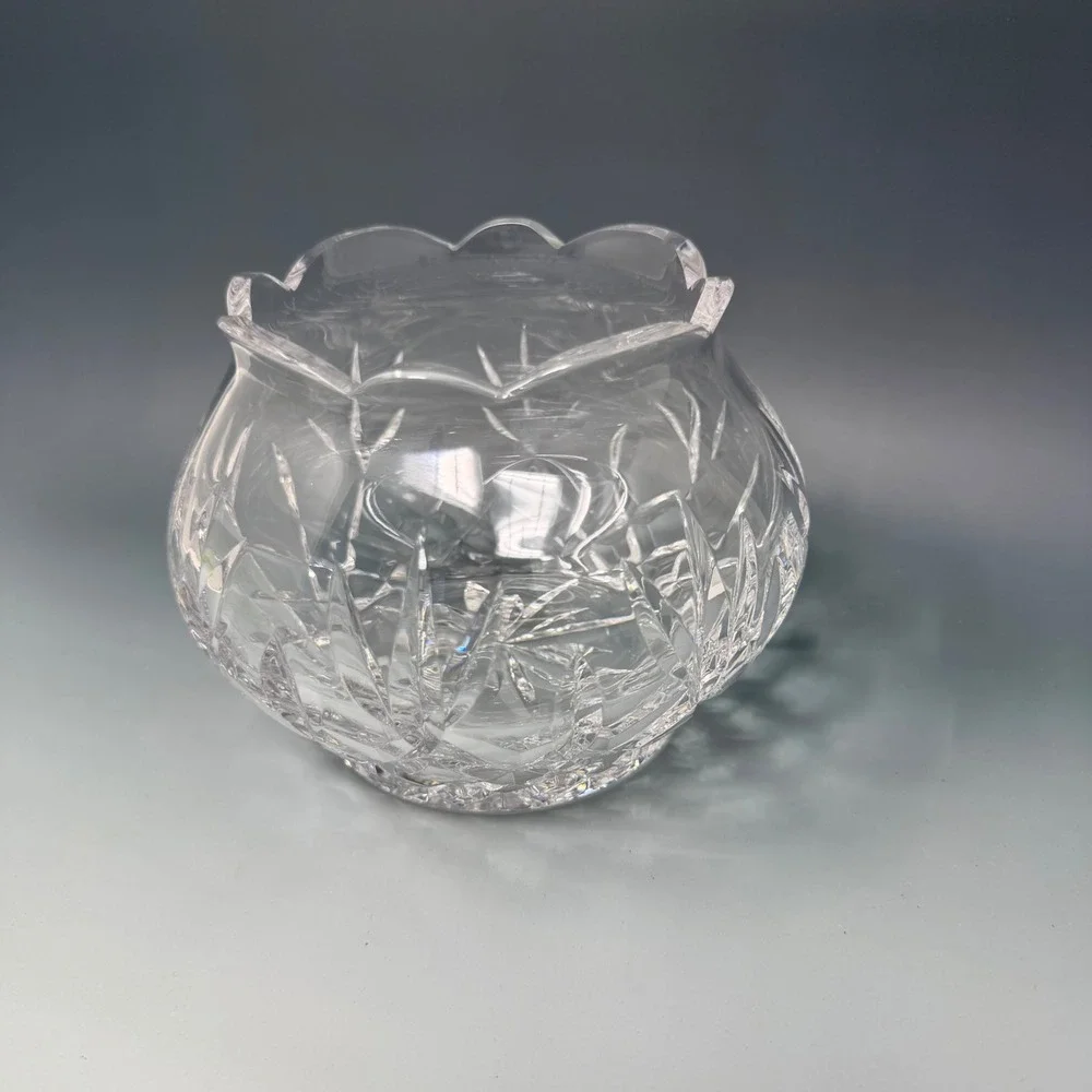 Vintage Cut Crystal Scalloped Edge Rose Bowl Vase Clear Glass Floral Decor